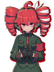 1girl absurdres adapted_costume ahoge armband black_shirt black_skirt blush bow breast_pocket collared_shirt drill_hair hair_between_eyes hair_bow hair_ribbon headphones highres interlocked_fingers iruhamair kasane_teto kasane_teto_(sv) long_sleeves military_uniform own_hands_together pocket red_armband red_eyes red_hair ribbon shirt simple_background skirt smile solo synthesizer_v twin_drills upper_body utau white_background white_bow white_ribbon wing_collar