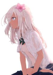 1girl alakoala alternate_costume blonde_hair blue_eyes blue_one-piece_swimsuit blue_skirt blush bow bowtie breasts clothes_pull commentary_request cowboy_shot flower from_side green_bow green_bowtie hair_between_eyes hair_flower hair_ornament highres kantai_collection long_hair navel nipples one-piece_swimsuit one-piece_swimsuit_pull one-piece_tan pink_flower pleated_skirt ro-500_(kancolle) school_swimsuit see-through_clothes see-through_shirt shirt sidelocks simple_background sitting skirt skirt_pull small_breasts solo stomach striped_bow striped_bowtie striped_clothes swimsuit tan tanline wet wet_clothes wet_shirt white_background white_shirt