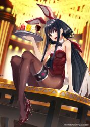 1girl animal_ears black_hair blurry blurry_background blush borumete bow bowtie breasts brown_pantyhose brown_shoes chandelier copyright_notice cup detached_collar drinking_glass fake_animal_ears fake_tail hairband high_heels highres holding holding_weapon indoors leotard long_hair looking_at_viewer open_mouth original pantyhose patent_heels playboy_bunny pumps rabbit_ears red_eyes red_shoes shoes sitting small_breasts smile solo stiletto_heels tail teeth thigh_strap upper_teeth_only very_long_hair weapon wine_glass