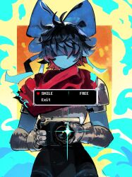 1other absurdres armor blue_bow blue_hair blue_skin bow camera colored_skin commentary cowboy_shot deltarune english_commentary hair_bow hair_over_eyes heart highres holding holding_camera kris_(deltarune) large_bow luny other_focus red_scarf scarf short_hair shoulder_armor solo