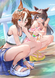 2girls animal_ears bamboo_memory_(ultra_marine)_(umamusume) bamboo_memory_(umamusume) barefoot beach bikini blue_eyes blue_nails blue_sarong blush brown_hair day green_nails grin gyaru_v hair_between_eyes highres horse_ears horse_girl horse_tail jewelry long_hair multicolored_hair multicolored_nails multiple_girls nabe_puyo nail_polish necklace ocean one_eye_closed outdoors palm_tree sandals sarong short_hair smile swimsuit tail tank_top toenails toes tosen_jordan_(aurore_vacances)_(umamusume) tosen_jordan_(umamusume) tree two-tone_hair umamusume v white_footwear white_hair white_tank_top yellow_nails yellow_sandals