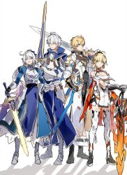 Rule 34 | 2boys, 2girls, armor, armored dress, artoria pendragon (fate), blue dress, blue eyes, breastplate, cape, character request, commentary, cosplay, dress, fate (series), gloves, grape (grapedraws), green eyes, hand on own hip, hashtag-only commentary, holding, holding sword, holding weapon, honkai: star rail, honkai (series), honkai impact 3rd, kiana kaslana, kiana kaslana (cosplay), kiana kaslana (herrscher of flamescion), multiple boys, multiple girls, phainon (honkai: star rail), phainon (honkai: star rail) (cosplay), red cape, saber (fate), saber (fate) (cosplay), short hair, shoulder armor, smile, sword, very short hair, weapon, white dress