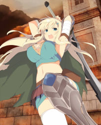 1girl armpits bandaged_arm bandages belt blonde_hair breasts cape female_warrior green_eyes hair_ornament hairclip highres jumping knees_up legs long_hair looking_down miniskirt open_mouth senran_kagura skirt sword thighhighs thighs warrior weapon white_thighhighs yomi_(senran_kagura)