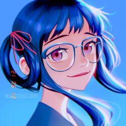 1girl blue_hair chromatic_aberration closed_mouth commentary dated english_commentary glasses hair_rings highres original panprika11 pink_eyes pink_lips ponytail portrait sidelocks solo watermark