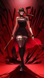 Rule 34 | 1girl, absurdres, bare shoulders, black boots, black dress, black hair, blood, blood on face, boots, breasts, cleavage, closed mouth, copyright name, crossed legs, dagger, dress, earrings, full body, gold earrings, gold hairband, hairband, highres, holding, holding weapon, jewelry, knife, long hair, looking at viewer, pingfan de mao, red background, red eyes, short dress, sidelocks, sleeveless, sleeveless dress, solo, spy x family, stiletto (weapon), thigh boots, two-sided dress, two-sided fabric, weapon, yor briar