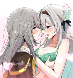 2girls akabeko123 black_coat black_hairband blush bra breasts coat commentary firefly_(honkai:_star_rail) grabbing_another&#039;s_breast gradient_background green_bra green_hair grey_hair groping hairband hashtag-only_commentary highres honkai:_star_rail honkai_(series) large_breasts long_hair multicolored_hair multiple_girls open_mouth purple_eyes stelle_(honkai:_star_rail) trailblazer_(honkai:_star_rail) two-tone_hair underwear yellow_eyes yuri