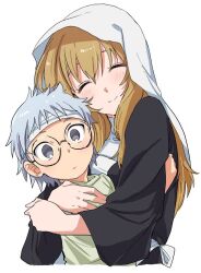 1boy 1girl apron bad_id bad_pixiv_id bidarian black_dress blonde_hair closed_eyes closed_mouth dress facing_viewer grey_eyes grey_hair hug long_hair long_sleeves looking_at_viewer naruto_(series) naruto_shippuuden round_eyewear short_hair simple_background smile veil white_apron white_background yakushi_kabuto yakushi_nonou