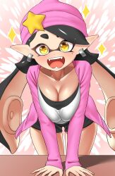 +_+ 1girl breasts callie_(splatoon) cleavage earrings fangs happy hat highres jacket jewelry large_breasts long_sleeves looking_at_viewer nintendo pero_(pero7762) pointy_ears shorts smile splatoon_(series) splatoon_2 star_(symbol) teeth tentacle_hair twintails yellow_eyes
