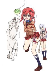 2girls bdsm bondage bondage_outfit bound bread bread_bun dog food gabriel_dropout highres kinbakuman multiple_girls panties_peek raphiel_shiraha_ainsworth satanichia_kurumizawa_mcdowell school_uniform upskirt white_background