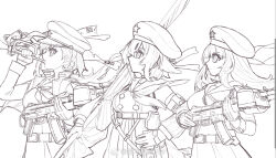 3girls anshan_(warship_girls_r) armband assault_rifle belt beret braid changchun_(warship_girls_r) gloves greyscale gun hair_flaps hat hat_ornament holding holding_gun holding_weapon jinan_(warship_girls_r) lineart long_hair long_sleeves monochrome multiple_girls peaked_cap rifle sailor_collar short_hair skirt star_(symbol) star_hat_ornament warship_girls_r watermark weapon weibo_username weibo_watermark z.s.w.