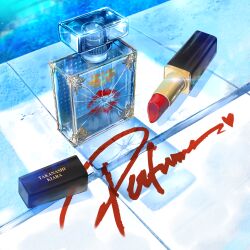 Rule 34 | absurdres, advarcher, album cover, bottle, bullet hole, character name, cosmetics, cover, english text, highres, hololive, hololive english, lipstick, lipstick mark, lipstick tube, makeup, no humans, official art, perfume (takanashi kiara), perfume bottle, poolside, second-party source, writing