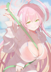 1girl between_breasts bikini bikini_under_clothes blue_archive bow breasts closed_mouth collared_shirt commentary green_eyes hair_bow hanako_(blue_archive) hanako_(swimsuit)_(blue_archive) highres holding holding_hose hose kitalow large_breasts long_sleeves looking_at_viewer pink_hair see-through_clothes see-through_shirt shirt smile solo swimsuit