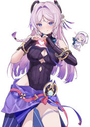 1girl absurdres bare_hips bare_shoulders black_leotard blue_eyes blush braid breasts chibi citlali_(genshin_impact) closed_mouth elbow_gloves facial_mark feathers floating_headgear forehead_mark genshin_impact glove_cutout gloves hair_ornament headgear heart heart_hands highres jewelry kuki1628 large_breasts leotard long_hair looking_at_viewer multicolored_hair pink_feathers pink_hair pink_pupils purple_feathers purple_sarong ribbed_leotard ring_hair_ornament sarong simple_background sleeveless_turtleneck_leotard smile solo standing thigh_marking thighs tongue tongue_out triangle triangle_facial_mark twin_braids very_long_hair vision_(genshin_impact) white_background
