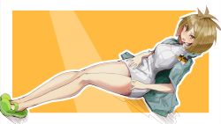 1girl badge breasts brigette_(pokemon) creatures_(company) dress game_freak green_footwear grey_jacket hands_on_lap hige_qr jacket legs legs_together looking_at_viewer medium_breasts nintendo open_clothes open_jacket orange_hair pokemon pokemon_bank ribbed_sweater simple_background sitting sweater sweater_dress thick_thighs thighs white_sweater wide_hips