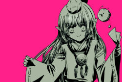 1girl 1other asahi_(dq10) blunt_bangs commentary_request creature_request dragon_quest dragon_quest_x greyscale_with_colored_background hat holding_ofuda japanese_clothes long_hair looking_at_viewer medallion ofuda ozogori_(user_tzaz2447) pink_background pointy_ears smile solo_focus tokin_hat upper_body