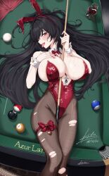 1girl 8-ball alcohol animal_ear_hairband animal_ears azur_lane ball between_breasts billiard_ball black_hair bow bowtie breasts copyright_name cue_stick cup dated detached_collar drinking_glass esto_0079 fake_animal_ears from_above hairband hand_on_own_chest highleg highleg_leotard highres holding_cue_stick huge_breasts lanyard leotard long_hair looking_at_viewer lying official_alternate_costume on_back on_table open_mouth pantyhose playboy_bunny pool_table rabbit_ear_hairband rabbit_ears red_bow red_bowtie red_leotard red_wine signature solo strap_between_breasts table taihou_(azur_lane) taihou_(fun_on_the_baize)_(azur_lane) thigh_bow tongue tongue_out torn_clothes torn_pantyhose undersized_breast_cup very_long_hair white_wrist_cuffs wine wine_glass wrist_cuffs