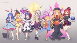 6+girls :d ^_^ american_flag_dress american_flag_legwear animal_ears arm_up aura bare_legs bare_shoulders barefoot beige_jacket black_capelet black_choker black_dress black_footwear black_shirt blob blonde_hair blue_dress blue_eyes blue_hair book bra_strap brown_headwear cabbie_hat capelet chain choker closed_eyes clownpiece commentary_request crop_top crossed_legs dango doremy_sweet dress earth_(ornament) feathers food gradient_background grey_background hajin hat headdress hecatia_lapislazuli high_heels holding holding_food jester_cap junko_(touhou) kine kishin_sagume legacy_of_lunatic_kingdom long_hair long_sleeves looking_at_viewer mallet midriff miniskirt moon moon_(ornament) multicolored_skirt multiple_girls navel nightcap no_shoes off-shoulder_shirt off_shoulder open_mouth orange_shirt outstretched_arms pantyhose puffy_short_sleeves puffy_sleeves purple_dress purple_headwear rabbit_ears red_eyes red_hair red_headwear ringo_(touhou) seiran_(touhou) shirt short_dress short_hair short_sleeves shorts silver_hair single_wing skirt smile socks stomach t-shirt tabard tail tapir_tail thighs touhou wagashi watson_cross white_dress white_legwear wide_sleeves wings yellow_shorts