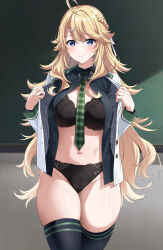 Rule 34 | 1girl, ahoge, black bra, black panties, black ribbon, black shirt, black thighhighs, blonde hair, blush, bra, braid, breasts, buttons, chalkboard, classroom, closed mouth, collared shirt, commentary request, commission, cowboy shot, floral print, fuooooo, green necktie, groin, hair between eyes, hair ornament, hair ribbon, hairclip, half up braid, hands up, highres, indoors, jacket, large breasts, long hair, long sleeves, looking at viewer, navel, necktie, nervous smile, nijisanji, no pants, open clothes, open jacket, open shirt, panties, pixiv commission, plaid clothes, plaid necktie, print bra, print panties, purple eyes, raised eyebrows, ribbon, school uniform, selene girls school uniform, shirt, smile, solo, standing, stomach, sweat, thighhighs, todo kohaku, todo kohaku (1st costume), two-tone ribbon, underwear, undressing, very long hair, virtual youtuber, wavy hair, white jacket, white ribbon
