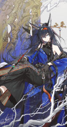 Rule 34 | 1girl, absurdres, animal ear fluff, animal ears, arknights, bare shoulders, black gloves, black hair, black shirt, black skirt, blaze (arknights), blue eyes, blue jacket, braid, character request, closed mouth, crossed bangs, gloves, highres, holding, holding smoking pipe, jacket, kieed, long hair, looking at viewer, open clothes, open jacket, ponytail, shirt, sidelocks, skirt, sleeveless, sleeveless shirt, smile, smoking pipe, solo, sunglasses, twin braids, very long hair