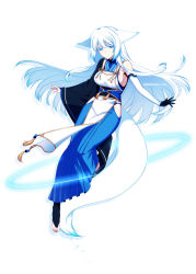 Rule 34 | 1girl, animal ears, artist name, barefoot, blue eyes, breasts, bridal gauntlets, dated, elbow gloves, female focus, fox ears, fox tail, gloves, jewelry, konshin, long hair, medium breasts, orie mishiro, original, pixiv fantasia, pixiv fantasia fallen kings, sideboob, solo, tail, thighhighs, toe ring, toeless legwear, toes, white hair