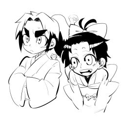 Rule 34 | 1boy, 1girl, :&lt;, bow, cat, chipped tooth, crossed arms, dog, greyscale, hair bow, husband and wife, japanese clothes, kimono, medium hair, monochrome, parted bangs, ponytail, ridin (ridin7188), samurai usagi, thick eyebrows, udogawa gosuke, udogawa shino, upper body