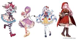 Rule 34 | 4girls, :d, alice&#039;s adventures in wonderland, alice (alice in wonderland), alice (alice in wonderland) (cosplay), alternate costume, amane kanata, angel wings, ankle bow, ankle flower, ankle ribbon, ankle strap, apple, apple print, apron, bandaged arm, bandages, basket, bell sleeves, bird, bird on hand, black bow, black choker, black corset, black shoes, black thighhighs, black tiara, blue dress, blue flower, blue hair, blue nails, blue shirt, blue vest, boots, bouquet, bow, bowtie, braid, brown boots, brown shirt, candy, center-flap bangs, choker, cloak, closed mouth, club (shape), collared shirt, colored inner hair, colored skin, colored tongue, copyright notice, corset, cosplay, cross-laced vest, curly hair, cut bangs, daisy (flower), demon tail, detached sleeves, double bun, dress, dress flower, earrings, feathered wings, flower, flower braid, food, food print, frilled dress, frilled skirt, frilled sleeves, frilled wrist cuffs, frills, fruit, fruit print, full body, green eyes, grey skin, hair bow, hair bun, hair flower, hair ornament, hair over shoulder, hairclip, hand on own chin, heart, heart print, heterochromia, holding, holding basket, holding bouquet, holding food, holding fruit, holding stuffed toy, hololive, hololive english, hololive indonesia, hood, hood up, hooded cloak, horizontal-striped thighhighs, jewelry, key hair ornament, knee boots, knees together feet apart, kureiji ollie, lace-up boots, layered dress, layered skirt, leaf print, lineup, little red riding hood (fairy tale), little red riding hood (fairy tale character), little red riding hood (fairy tale character) (cosplay), lollipop, long hair, long sleeves, looking at viewer, low twintails, mary janes, medium dress, mini wings, mori calliope, multicolored hair, multicolored skin, multiple girls, nail polish, off-shoulder dress, off shoulder, open mouth, orange flower, parted lips, patchwork skin, piercing, pinafore dress, pink eyes, pink flower, pink hair, pleated skirt, print apron, puffy detached sleeves, puffy short sleeves, puffy sleeves, puritan collar, purple bow, purple bowtie, purple dress, purple eyes, purple hair, purple nails, purple tongue, rapunzel (fairy tale), rapunzel (fairy tale character), rapunzel (fairy tale character) (cosplay), red bow, red bowtie, red cloak, red dress, red eyes, red hair, red nails, red shoes, ribbon, sandals, shirt, shoes, short sleeves, simple background, single braid, skirt, skirt hold, sleeveless, sleeveless dress, smile, snow white (fairy tale), snow white (fairy tale character), snow white (fairy tale character) (cosplay), spade (shape), spaghetti strap, standing, standing on one leg, star (symbol), star hair ornament, stitched arm, stitched face, stitches, streaked hair, stuffed animal, stuffed rabbit, stuffed toy, sweater guard, symbol-shaped pupils, tail, tail ornament, tail piercing, thighhighs, tiara, toenail polish, toenails, tokoyami towa, torn clothes, torn dress, twintails, two-tone skin, vest, virtual youtuber, waist apron, waist bow, white apron, white background, white flower, white thighhighs, white wings, wings, wrist cuffs, x-shaped pupils, yellow eyes, yellow flower, yellow sandals, yellow skirt, yumesaki nana, zombie