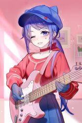 1girl bad_source blue_eyes blue_hair blue_hat blue_skirt blush bow bow_choker choker cool_mita_(miside) day facing_viewer gloves guitar hat highres indoors instrument long_sleeves looking_at_viewer miside mita_(miside) music official_art one_eye_closed open_mouth photo_(object) playing_guitar playing_instrument pleated_skirt ponytail red_shirt shadow shirt skirt smile solo standing teardrop_facial_mark upper_body