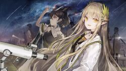 3girls :d absurdres amiya_(arknights) arknights arm_up black_choker brown_hair choker closed_mouth earrings elf hair_ornament happyongdal hashtag-only_commentary highres jewelry long_hair looking_afar looking_at_viewer looking_up meteor_shower mole mole_under_eye muelsyse_(arknights) multiple_girls night night_sky open_mouth orange_eyes outdoors people pointy_ears profile short_hair silence_(arknights) sky smile star_(sky) stargazing starry_sky strap telescope wind yellow_eyes