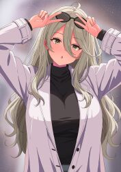 1girl :o arms_up black_sweater blonde_hair breasts coat double_v eyewear_on_head hair_between_eyes highres large_breasts long_hair long_hair_between_eyes long_sleeves looking_at_viewer make_heroine_ga_oo_sugiru! shikiya_yumeko sunglasses sweater turtleneck turtleneck_sweater upper_body v white_coat whitelemonsoda winter_clothes winter_coat yellow_eyes