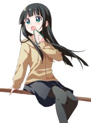 1girl black_hair black_pantyhose black_skirt commentary commission day drawstring feet_out_of_frame flying_witch food green_eyes haru_(konomi_150) highres holding holding_food hood hooded_jacket jacket kowata_makoto long_hair long_sleeves open_mouth pantyhose pixiv_commission sandwich simple_background sitting skirt solo white_background yellow_jacket