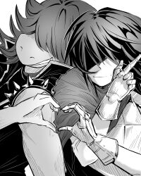 1girl 1other absurdres armlet cape covered_eyes deltarune facing_viewer furry furry_female gauntlets greyscale hair_over_eyes heart heart_hands heart_hands_duo highres index_finger_raised jewelry kris_(deltarune) monochrome nicomikha shaded_face short_hair simple_background smile spiked_armlet susie_(deltarune) upper_body white_background