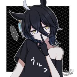 Rule 34 | ..., 1girl, animal ears, armpit crease, bare shoulders, black gloves, black shirt, blue hair, collarbone, crossed bangs, ear tag, earrings, finger to mouth, gloves, gradient hair, hair between eyes, hand up, highres, horse ears, horse girl, index finger raised, jewelry, k0me, long bangs, long hair between eyes, looking at viewer, manhattan cafe (umamusume), medium hair, multicolored hair, navel, off shoulder, shirt, short sleeves, shushing, single earring, single off shoulder, solo, speech bubble, spoken ellipsis, t-shirt, translation request, umamusume, upper body, white hair, yellow eyes