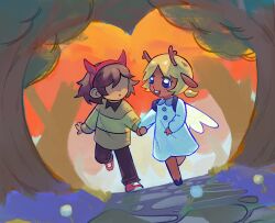 Rule 34 | 1girl, 1other, :o, aged down, animal ears, antlers, black eyes, black pants, blonde hair, blue dress, brown hair, commentary, dandelion, deer antlers, deer ears, deer girl, deltarune, dress, english commentary, fake wings, flower, green shirt, hairband, highres, holding hands, horn hairband, horns, kris (deltarune), long sleeves, no eyes, noelle holiday, open mouth, pants, red hairband, red shoes, shirt, shoes, smile, stone walkway, striped clothes, striped shirt, sumi-zzumi, tree, white wings, wings