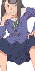 Rule 34 | 1girl, aonori misuji, black hair, commentary, eizouken ni wa te wo dasu na!, freckles, hand on own knee, kanamori sayaka, long hair, necktie, no legwear, pleated skirt, school uniform, shibahama high school uniform, simple background, skirt, solo, white background