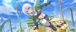 Rule 34 | 3girls, aqua scarf, armor, belt, black belt, black gloves, blonde hair, blue sky, blush, boots, braid, breastplate, breasts, brown boots, capelet, character request, chris (konosuba), closed eyes, cloud, crown braid, darkness (konosuba), day, drooling, dutch angle, electricity, facial scar, game cg, gloves, green capelet, green shorts, grin, hair ornament, hand on another&#039;s head, hands up, high ponytail, highres, kono subarashii sekai ni shukufuku wo!, konosuba! fantastic days, lens flare, long hair, maid headdress, masochism, medium breasts, moss, mouth drool, multiple girls, navel, official art, open mouth, outdoors, ponytail, purple eyes, purple hair, ruins, scar, scar on cheek, scar on face, scarf, short hair, shorts, sidelocks, sky, small breasts, smile, sparkle, sun, thighhighs, third-party source, twintails, very long hair, white thighhighs, x hair ornament
