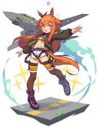 1girl absurdres aircraft airplane animal_ears blush bomber_jacket bow brown_thighhighs crop_top dog_tags ear_ribbon exhaust f-14_tomcat fighter_jet flat_chest flying_sweatdrops green_jacket hamma harness harness_belt highres horse_ears horse_girl horse_tail jacket long_hair looking_at_viewer mayano_top_gun_(umamusume) military_vehicle navel open_clothes open_jacket open_mouth orange_eyes orange_hair runway shirt shoes short_shorts shorts simple_background single_sidelock sneakers solo sparkle tail thighhighs two_side_up umamusume white_shorts yellow_shirt