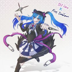 1girl alternate_costume amemiya_darumi apron black_boots black_bow black_dress black_hair blue_hair boots bow dress english_text face_piercing female_focus fire_emblem fire_emblem_fates heart highres holding holding_weapon lip_piercing long_hair long_sleeves looking_at_viewer maid makeup nintendo one_leg_raised open_mouth parted_bangs piercing pink_eyes runny_makeup safety_pin simple_background solo solo_focus striped_apron striped_clothes teeth the_hundred_line_-last_defense_academy- thigh_boots tongue twintails weapon weapon_request white_background