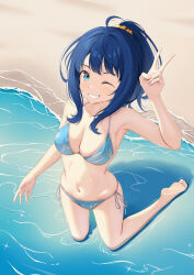 1girl ;d absurdres ahoge arm_up armpits barefoot beach bikini blue_bikini blue_eyes blue_hair breasts cleavage commentary feet grin highres kneeling make_heroine_ga_oo_sugiru! medium_breasts navel ocean one_eye_closed open_mouth ponytail sand scrunchie side-tie_bikini_bottom sidelocks simple_background smile solo swimsuit teeth toramaru_orange v water yanami_anna