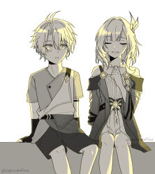 Rule 34 | 1boy, 1girl, absurdres, ahoge, chinese commentary, closed eyes, coat, commentary request, cyrene (honkai: star rail), dress, fingerless gloves, gloves, greyscale, hair ornament, highres, honkai: star rail, honkai (series), jewelry, looking at another, monochrome, necklace, parted lips, phainon (honkai: star rail), short hair, shorts, sitting, tapiocaballtea, twitter username