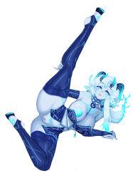 Rule 34 | 1girl, animal ears, anus, barbariank, blue eyes, blue fire, blue nipples, blue skin, blue thighhighs, breasts, bridal gauntlets, chest tattoo, cleft of venus, colored nipples, colored skin, commentary, elbow gloves, english commentary, eyes visible through hair, fiery hair, fire, full body, gloves, hand on own leg, highres, hooves, horns, huge breasts, leg up, looking at viewer, low ponytail, lying, monster girl, multiple horns, nipples, o-ring, on side, original, pinky out, ponytail, pubic tattoo, pussy, simple background, solo, stirrup legwear, tattoo, thighhighs, toeless legwear, white background, white hair