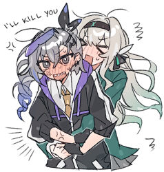 &gt;_&lt; 2girls anger_vein black_coat black_gloves black_hairband blush coat collared_shirt emne english_text firefly_(honkai:_star_rail) gloves gradient_hair green_shirt grey_hair hair_between_eyes hair_intakes hairband honkai:_star_rail honkai_(series) hug long_hair multicolored_hair multiple_girls necktie open_mouth orange_necktie shirt silver_wolf_(honkai:_star_rail) simple_background skirt sweatdrop tinted_eyewear white_background white_shirt