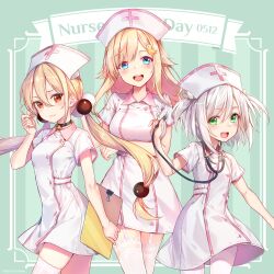 3girls blonde_hair blue_eyes brown_eyes green_eyes hat low_twintails multiple_girls nurse nurse_cap twintails two_side_up