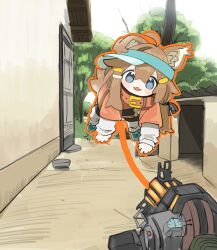 1girl :3 :d absurdres ahoge animal_ear_fluff animal_ears blue_eyes blue_shoes brown_hair coat collar dog_ears dog_girl dog_tail door energy_beam fangs floating full_body gravity_gun hair_ornament hairclip half-life half-life_(series) half-life_2 highres layered_sleeves levitation long_hair long_sleeves looking_at_viewer loose_socks mamehinata open_mouth outdoors photo-referenced pov red_coat red_collar shed shoes skin_fangs smile socks tail the_fusakogane tree visor_cap vrchat