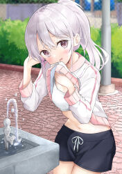 1girl absurdres black_shorts breasts clothes_lift drawstring drinking_fountain hamaken._(novelize) highres jacket jacket_lift long_hair long_sleeves looking_at_viewer navel open_mouth original outdoors ponytail purple_eyes shirt short_shorts shorts small_breasts solo sports_bra track_jacket white_hair white_jacket white_shirt white_sports_bra