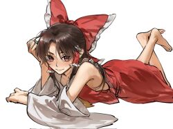 1girl aihara-rina bare_shoulders barefoot blush bow brown_hair detached_sleeves full_body hair_tubes hakurei_reimu head_rest highres long_hair looking_at_viewer lying neckerchief on_stomach red_bow red_eyes red_skirt skirt smile solo touhou white_background yellow_neckerchief
