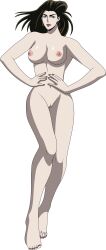 Rule 34 | 1girl, absurdres, armpits, bangs pinned back, bare arms, bare legs, barefoot, battle tendency, blue eyes, breasts, brown hair, cleft of venus, completely nude, earrings, eyebrows, eyelashes, feet, female focus, flat color, floating hair, full body, gluteal fold, hands on own hips, heel up, highres, hoop earrings, jewelry, jojo no kimyou na bouken, knees, large breasts, legs, light smile, lionprideart, lipstick, lisa lisa, long hair, looking at viewer, makeup, mature female, nail polish, navel, neck, nipples, nude, pussy, red nails, red toenail polish, simple background, solo, stomach, thick lips, toenail polish, toenails, toes, transparent background