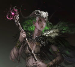 1girl absurdres animal_skull breasts cloak earrings fur_cloak green_eyes green_hair hahahuhi highres jewelry long_hair magic original pelt shaman simple_background skull_on_head solo tattoo wooden_staff