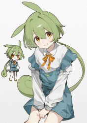 1girl :d animal_ears blue_overalls blush chibi chibi_inset collared_shirt commentary_request corn_kuten cowboy_shot green_hair grin hair_between_eyes hands_on_lap long_hair long_sleeves low-tied_long_hair multiple_views neck_ribbon open_mouth orange_eyes orange_ribbon overalls own_hands_together rabbit_ears ribbon shirt sidelocks simple_background sitting sleeve_cuffs smile strap_slip teeth voicevox white_background white_shirt zundamon