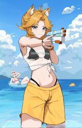 2girls aiming animal_ear_fluff animal_ears arm_support armpit_crease bikini bikini_under_clothes black_bikini blonde_hair blue_bow bow breasts cat_ears clothes_writing cloud commentary cowboy_shot crossed_legs dokibird_(vtuber) dragoon_(dokibird) english_text eyewear_on_head fang feather_hair floating green_eyes green_hair hand_on_own_head highleg highleg_bikini highres holding holding_water_gun horizon indie_virtual_youtuber innertube looking_at_viewer medium_hair mint_fantome mountainous_horizon multiple_girls navel ocean outdoors partially_submerged pink_bikini reclining scrunchie see-through_clothes see-through_shirt shirt shorts skin_fang small_breasts smile sunglasses swept_bangs swim_ring swimsuit symbol-only_commentary tank_top tied_tank_top trigger_discipline ttsyrene virtual_youtuber water water_gun wet wet_clothes wet_shirt white_tank_top wisps_(mint_fantome) wrist_scrunchie yellow_shorts