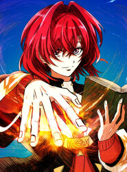 1girl ange_katrina ange_katrina_(1st_costume) black_coat blue_background book cardigan casting_spell coat commentary_request foreshortening hair_intakes hair_over_one_eye highres holding holding_book kururu9660319 long_sleeves magic medium_hair nijisanji open_book reaching reaching_towards_viewer red_cardigan red_hair solo upper_body virtual_youtuber